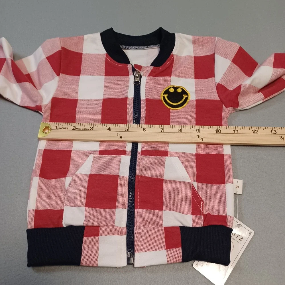 RZHTZ Kids Red Buffalo Plaid Smiley Face Bomber Jacket and Navy Pants Set Size S